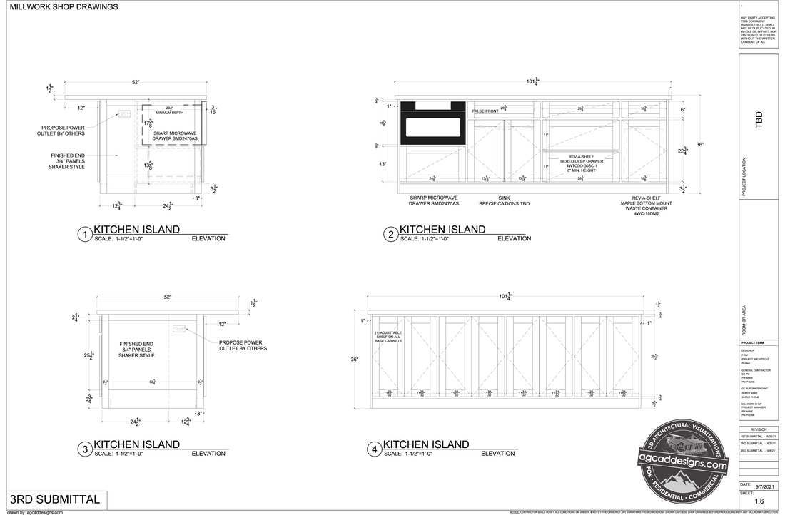 Florida Kitchen Island Elevations casework CAD Shop Drawing services 3D AutoCAD SketchUp
