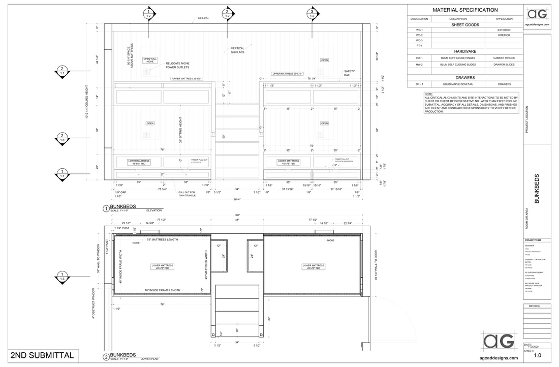 High end bespoke custom bunkbed architectural millwork shop drafting drawing service near me