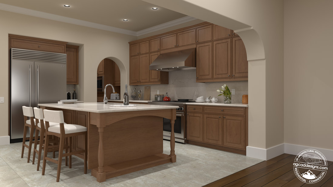 Kitchen Interior Design 3D renderings and Millwork CAD shop drawings